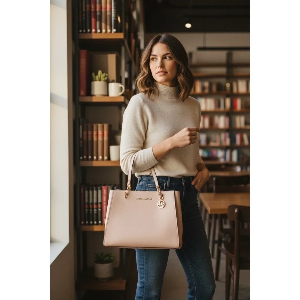 Michael Kors Cynthia Tote Women Large Pink Excellent Saffiano Leather Gold Chain